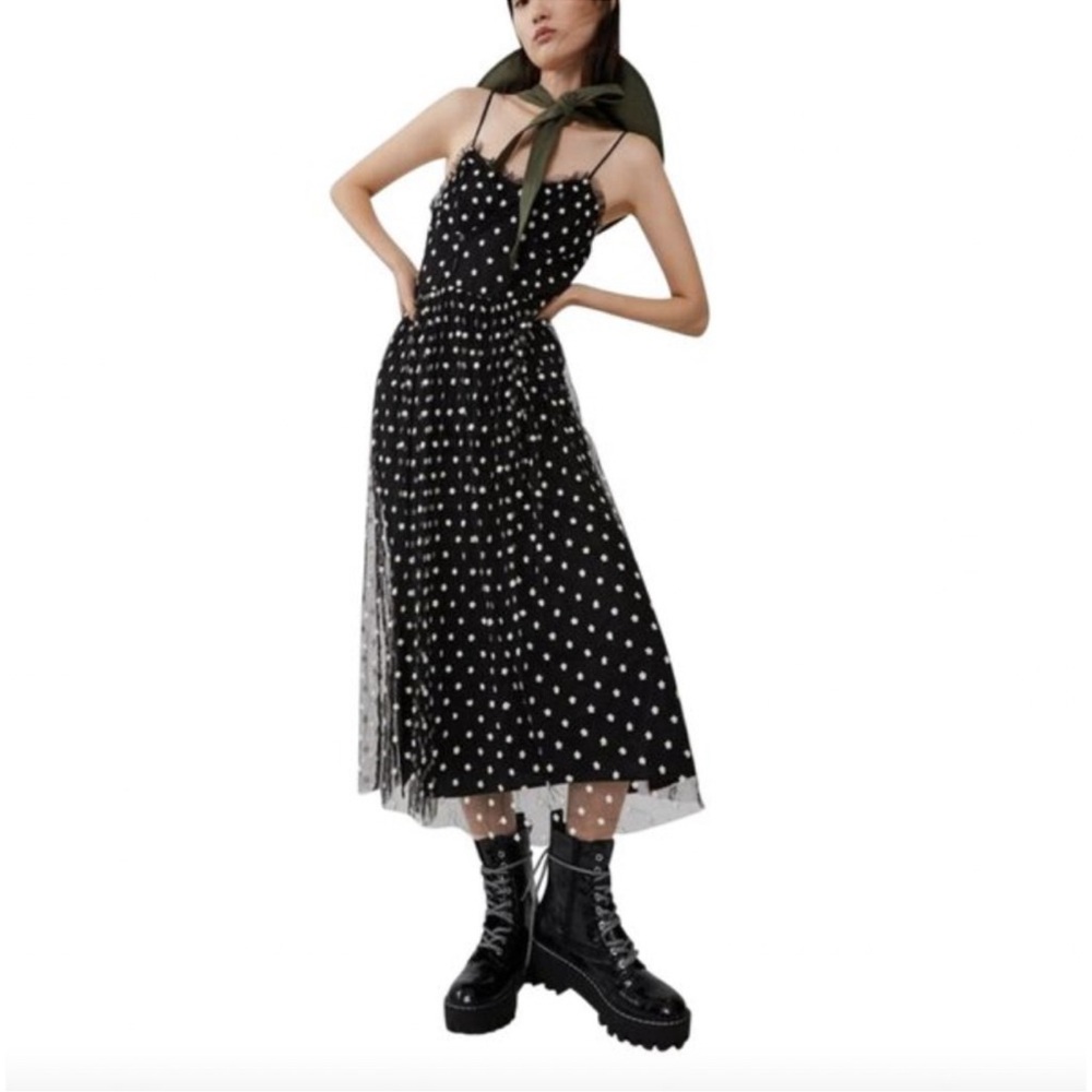 Zara Black Tulle Dress Floral Embroidery Midi Dress